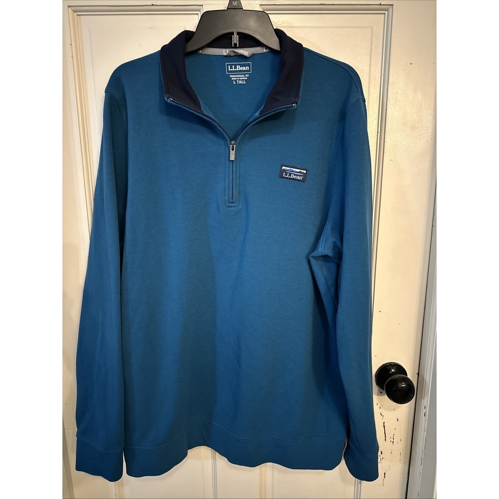 L.L.Bean Men's Comfort Stretch Piqué Quarter-Zip Pullover Blue‎ Navy Collar SzLT